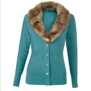 CAbi Tearoom Cardigan w/faux fur collar removable Medium Teal Green EUC